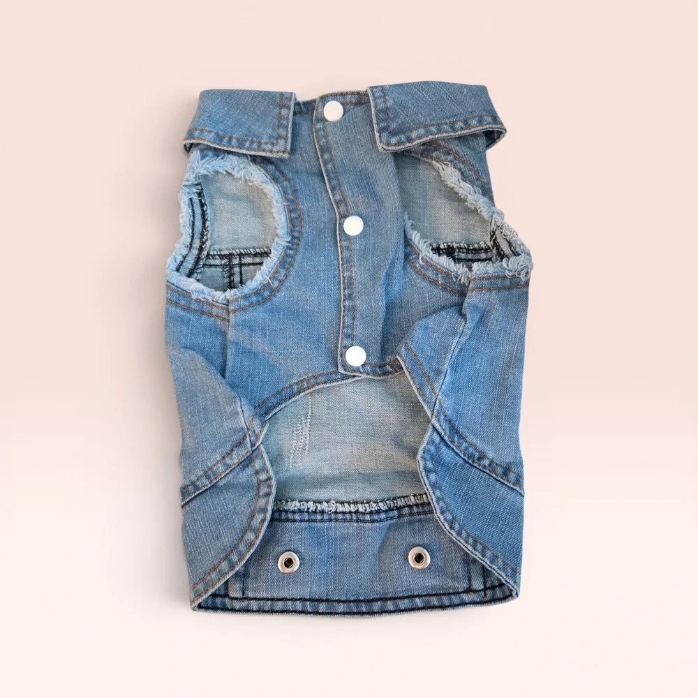 Blue Distressed Denim Pet Vest Dog Cat Jacket Medium Wash Snap Button Front